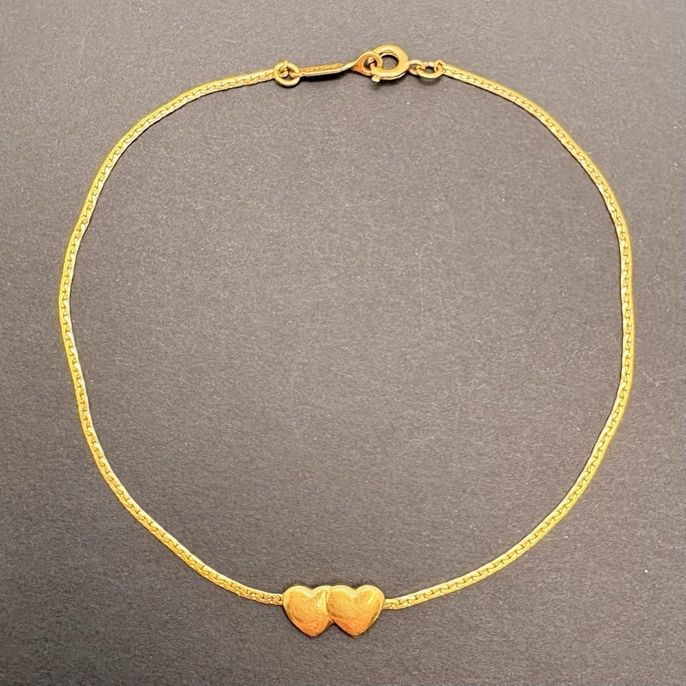 Vintage Monet Double Heart Anklet Gold Tone Dainty Minimalist Feminine 9"